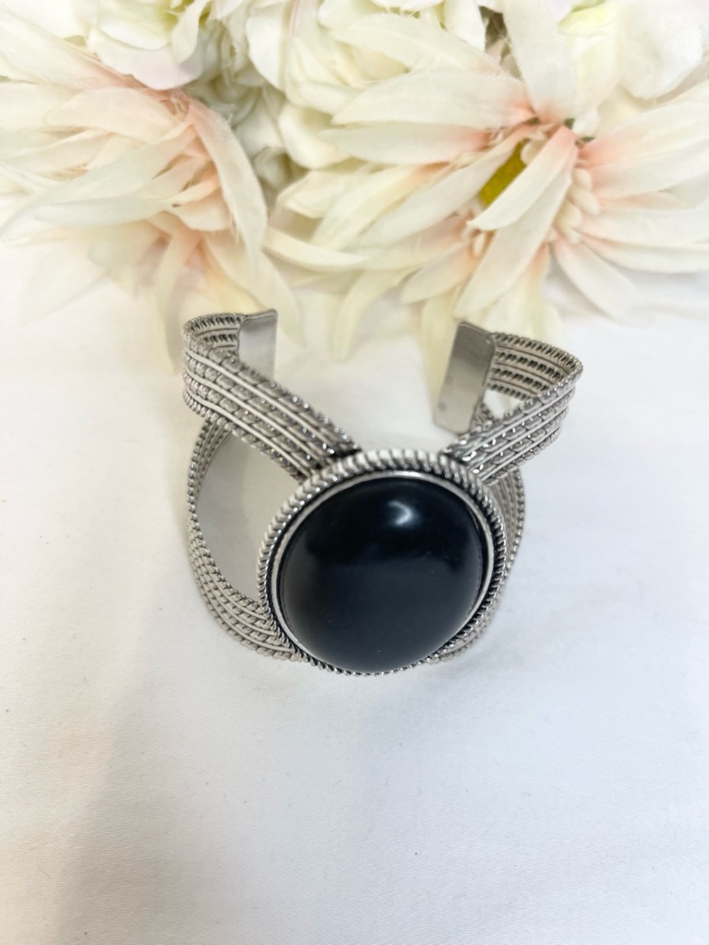 Silver-Tone Cuff Bracelet with Black Stone